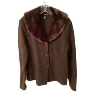 WLLI SMITH LARGE CHOCOLATE BROWN BOILED WOOL BUTTON FRONT JACKET FAUX FUR COLLAR